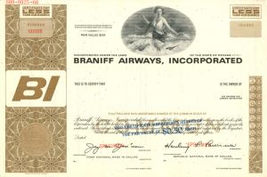 Braniff Airways, Incorporated  - Specimen Stock Certificate